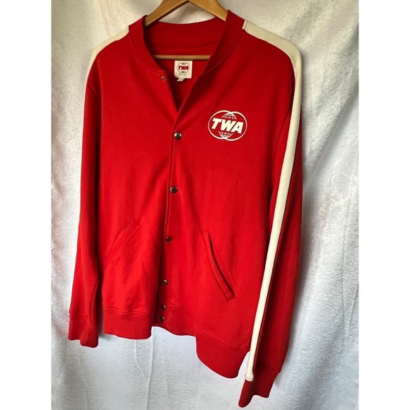 TWA Hotel Tracksuit Varsity Jacket Red Cotton Snap Front Bomber Mens Large - Picture 10 of 11